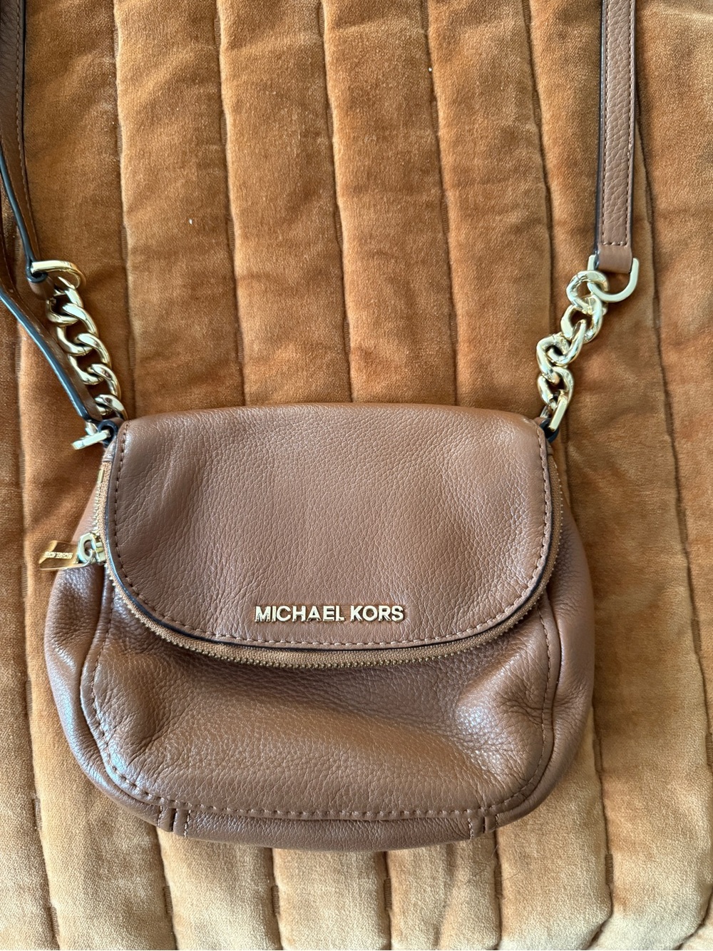 Michael Kors Cognac Leather Crossbody with Gold Chain Detail